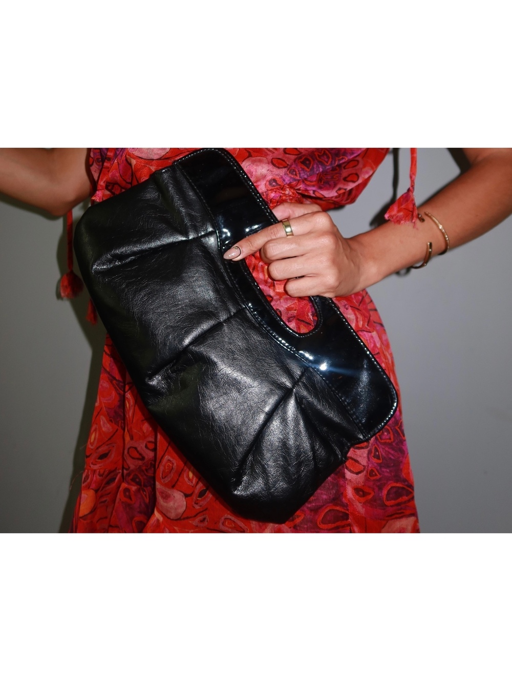 Black Patent Pleated Oversized Clutch Handbag